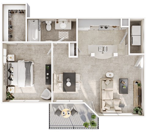 a 3d floor plan of a suite with a bedroom and a living room